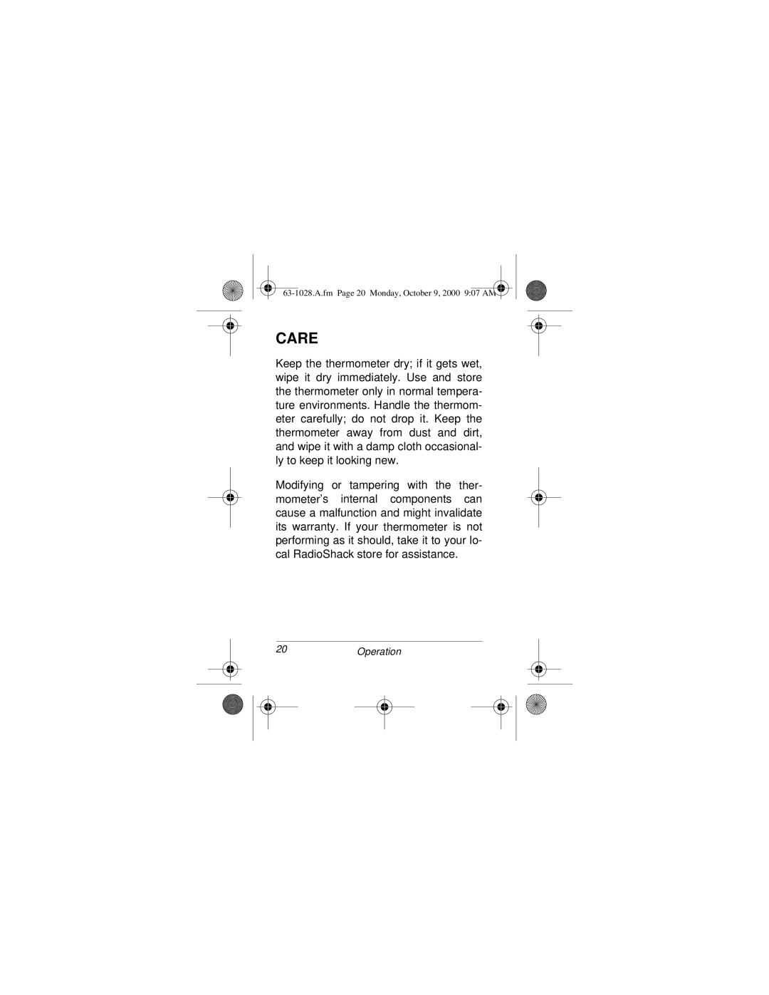 Radio Shack 63-1028 owner manual Care 