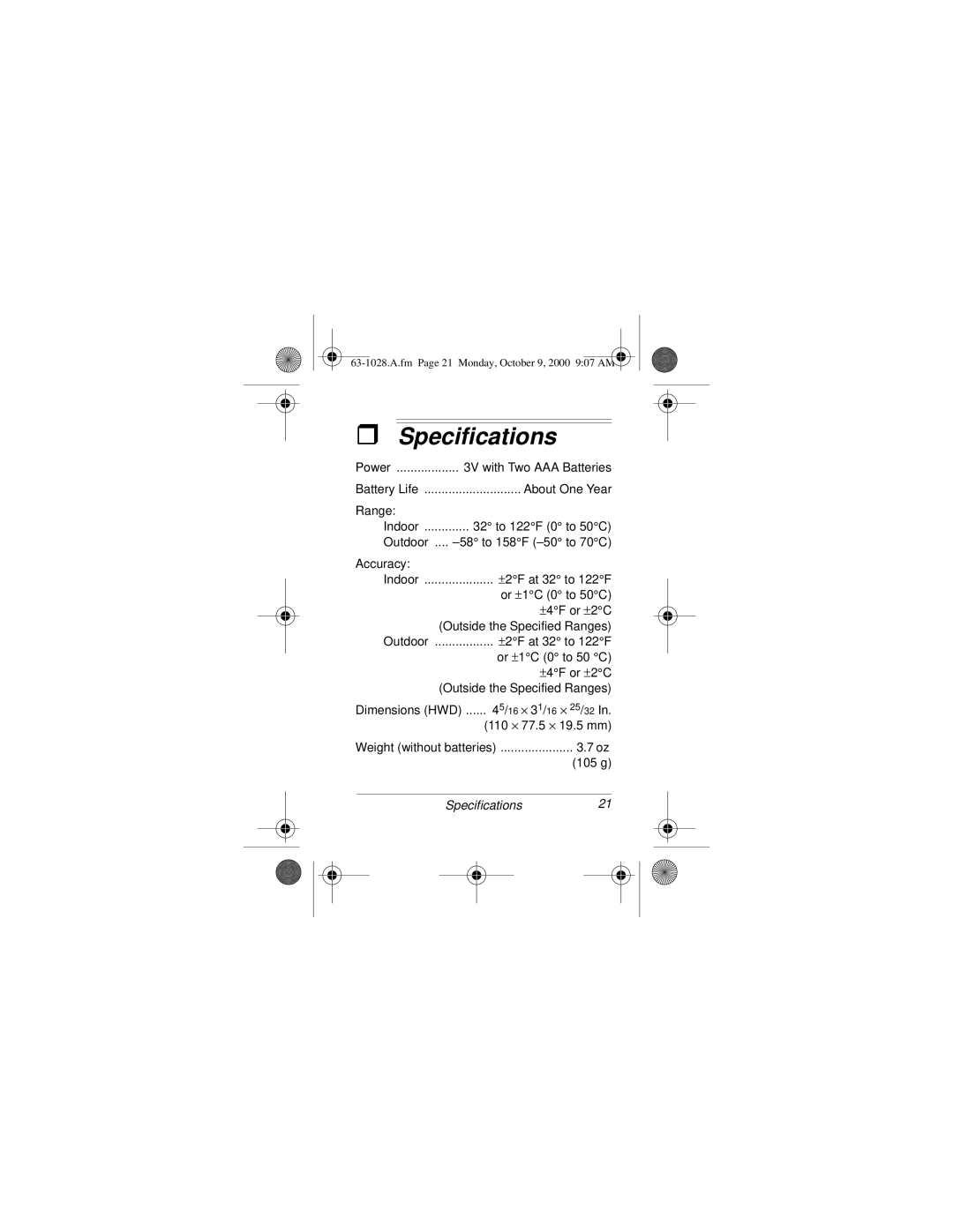 Radio Shack 63-1028 owner manual Specifications21 