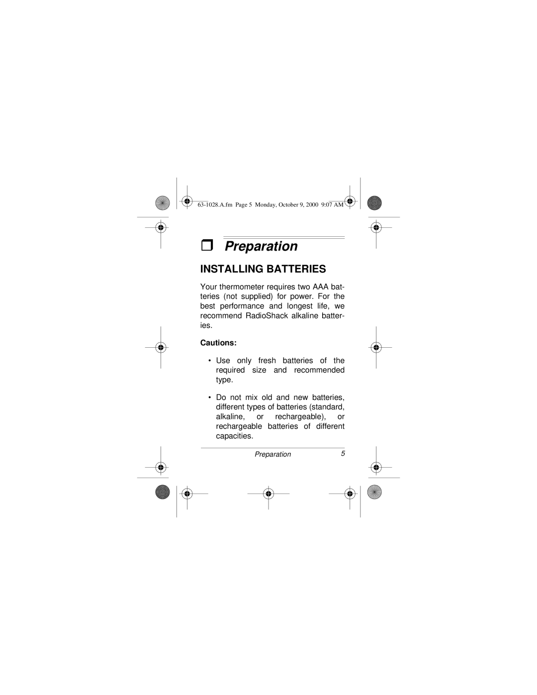 Radio Shack 63-1028 owner manual Preparation, Installing Batteries 