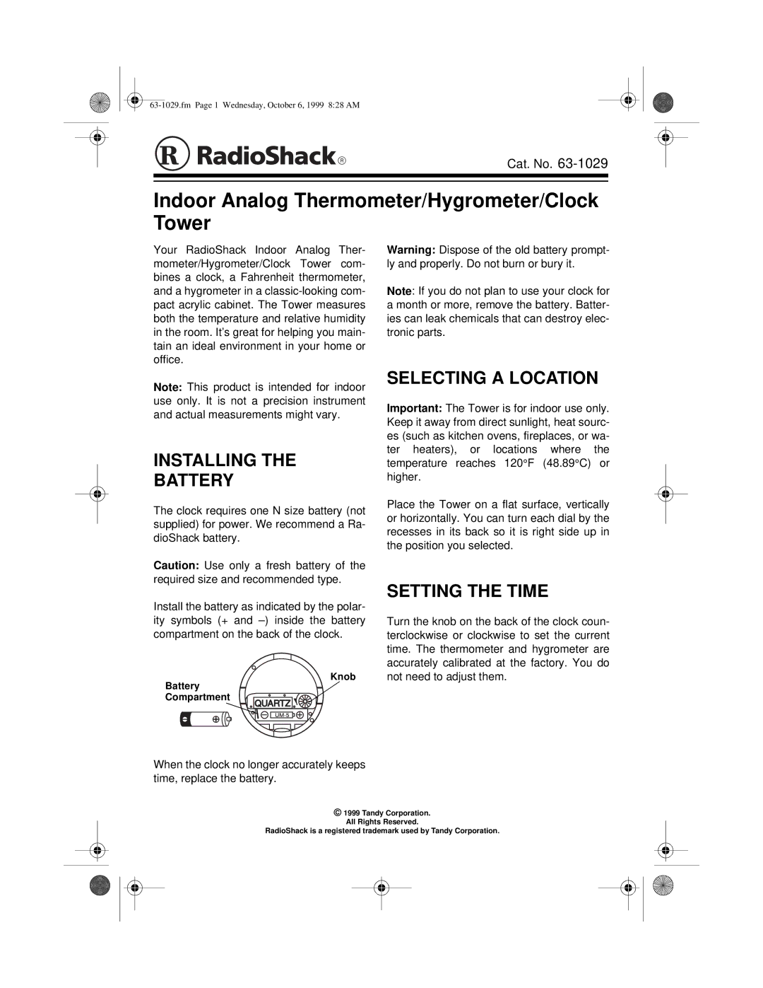 Radio Shack 63-1029 manual Indoor Analog Thermometer/Hygrometer/Clock Tower, Installing Battery, Selecting a Location 