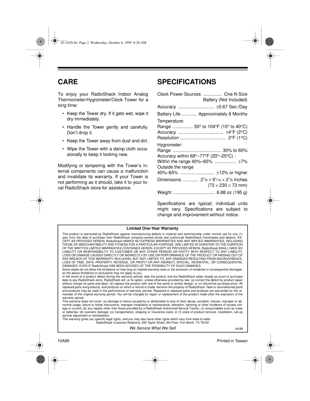 Radio Shack 63-1029 manual Care, Specifications, Limited One-Year Warranty 