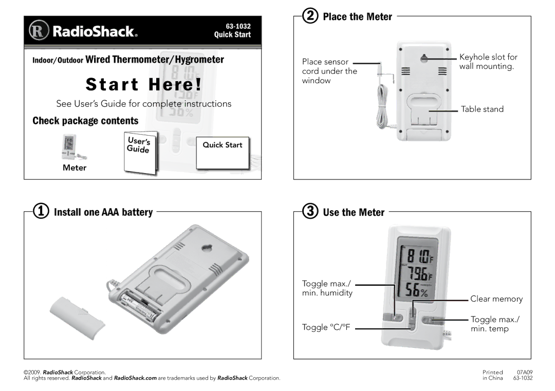 Radio Shack 63-1032 quick start Star t Here, Indoor/Outdoor Wired Thermometer/Hygrometer, Check package contents 