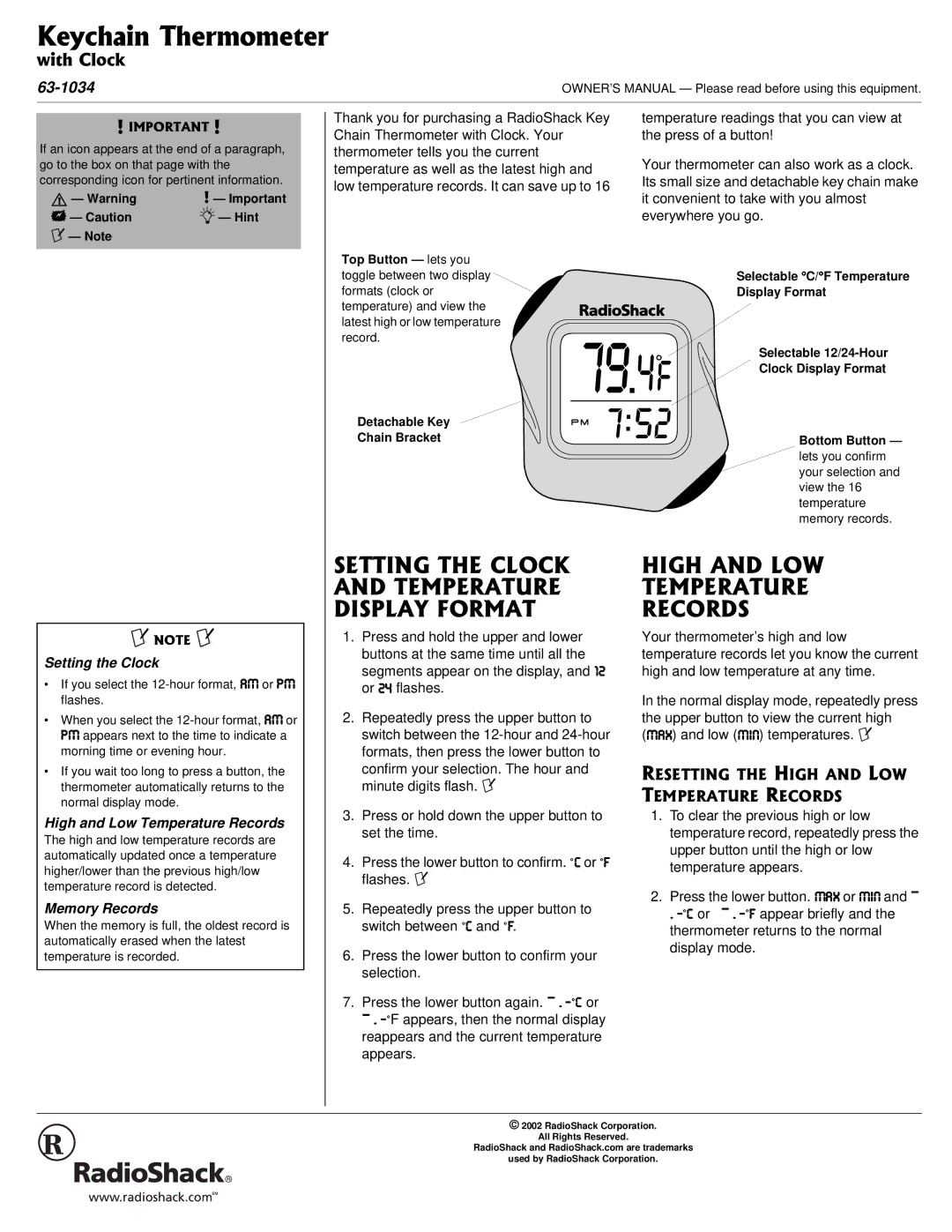 Radio Shack 63-1034 owner manual 566+06*%.1%- #0&6/24#674 &+52.#14/#6, +*#0&.19 6/24#674 4%14&5, Setting the Clock 