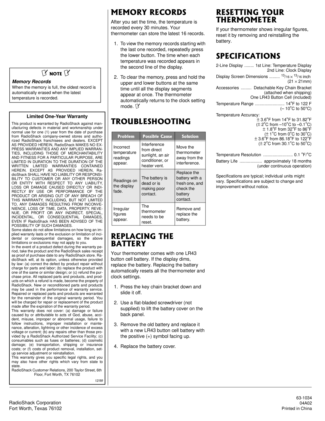 Radio Shack 63-1034 owner manual 144%14&5, 6417$.5*116+0, 42.#%+06* $#664, 4566+0174 6*4/1/64, 52%++%#6+105 