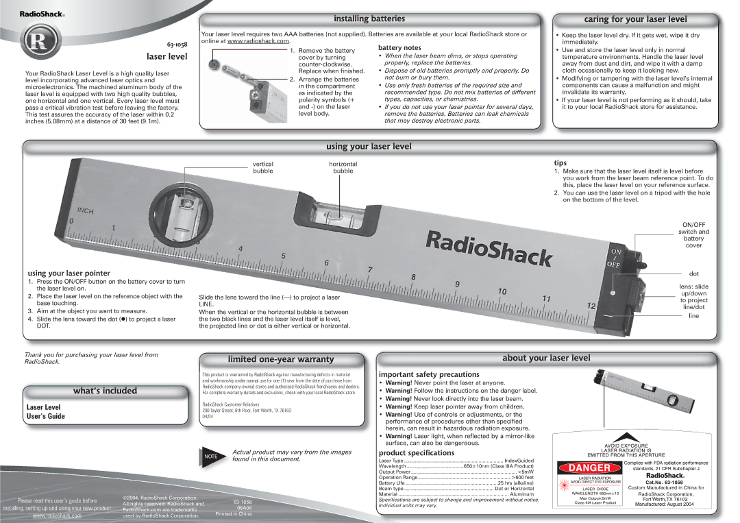 Radio Shack 63-1058 specifications Laser level, Laser Level User’s Guide 