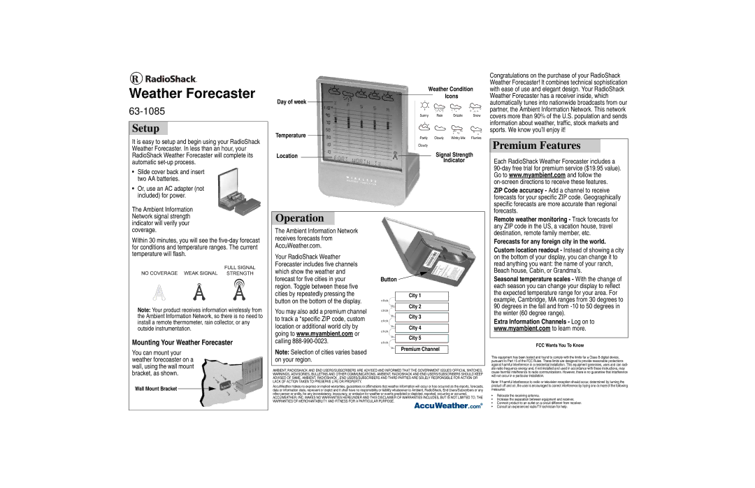 Radio Shack 63-1085 manual Setup, Premium Features, Operation 