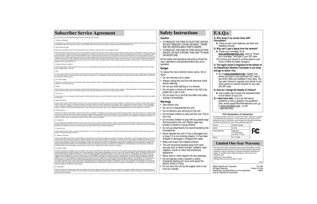 Radio Shack 63-1085 manual Subscriber Service Agreement, Safety Instructions, Q.s 