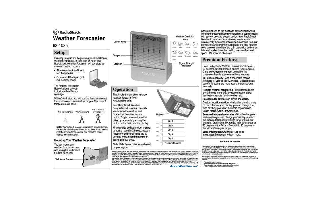 Radio Shack 63-1085 manual Setup, Premium Features, Operation, Forecasts for any foreign city in the world, Button, Icons 