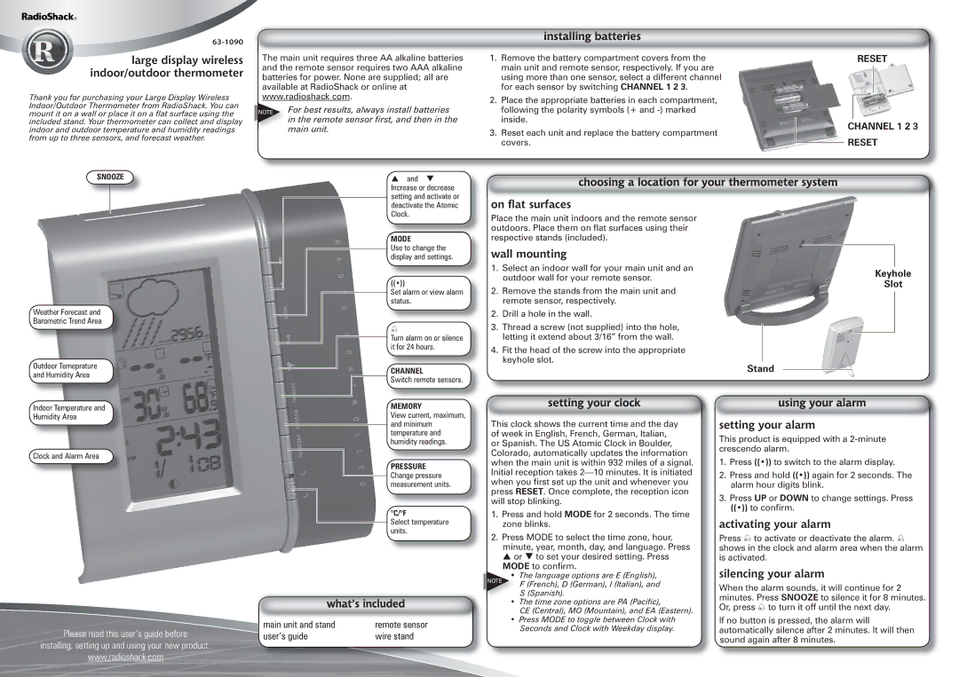 Radio Shack 63-1090 manual Large display wireless indoor/outdoor thermometer, On ﬂat surfaces, Wall mounting 