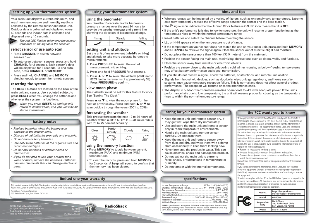 Radio Shack 63-1090 Select sensor or use auto scan, Resetting the system, Using the barometer, Setting unit and altitude 