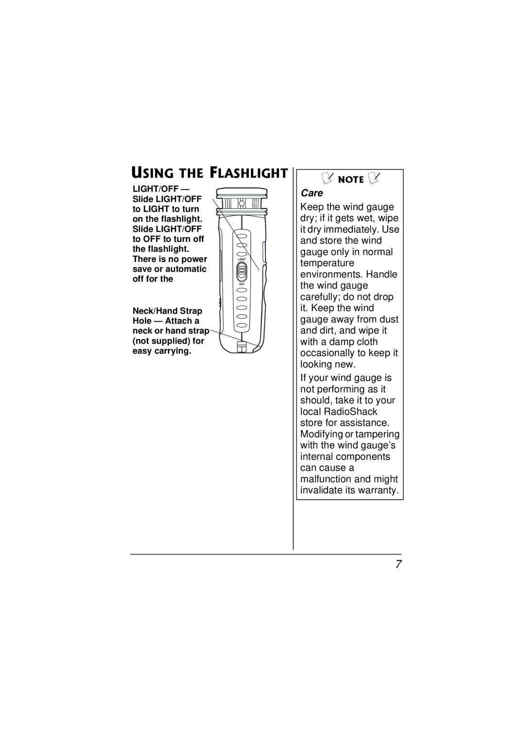 Radio Shack 63-1119 owner manual Using the Flashlight, Care 