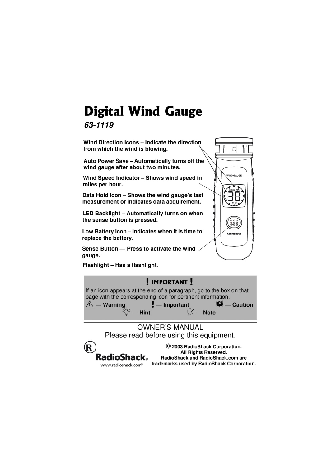Radio Shack 63-1119 owner manual Digital Wind Gauge, Please read before using this equipment 