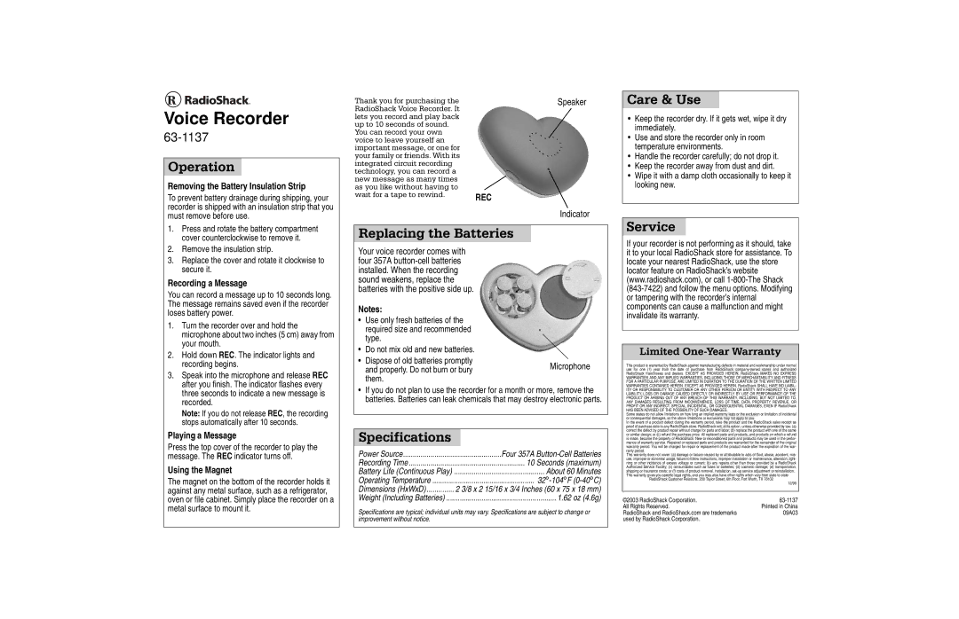 Radio Shack 63-1137 warranty 2SHUDWLRQ, 5HSODFLQJWKH%DWWHULHV, 6SHFLILFDWLRQV, 6HUYLFH 