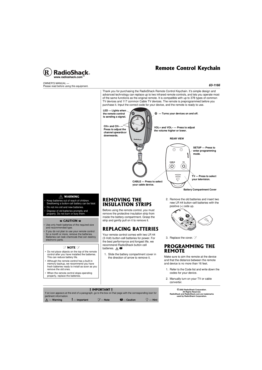 Radio Shack 63-1166 owner manual 18+06, +057.#6+10564+25, 42.#%+0$#664+5, 2414#//+06, 4GOQVG%QPVTQN-GEJCKP 