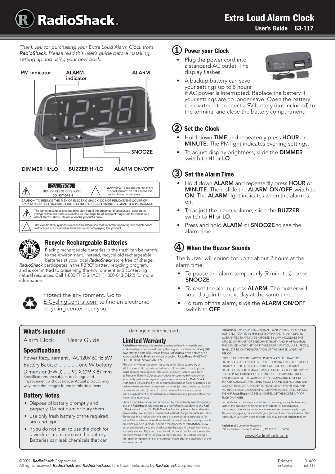 Radio Shack 63-117 specifications  Power your Clock, WSet the Clock,  Set the Alarm Time,  When the Buzzer Sounds 