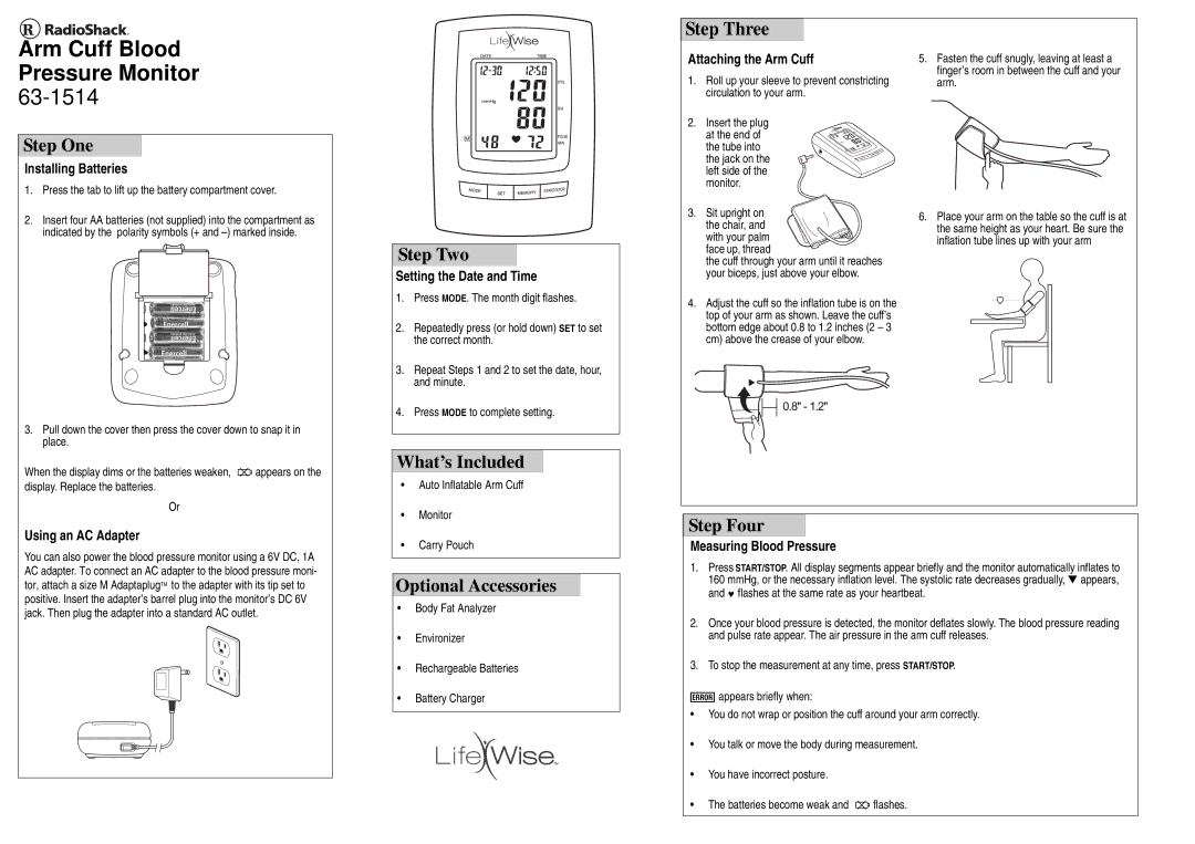 Radio Shack 63-1514 manual Step One, Step Two, What’s Included, Step Three, Optional Accessories, Step Four 