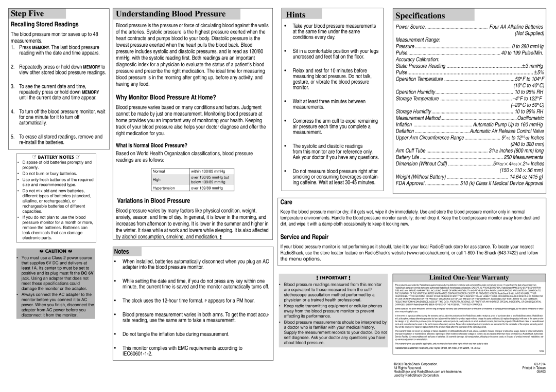 Radio Shack 63-1514 manual Step Five, Understanding Blood Pressure, Hints, Specifications 