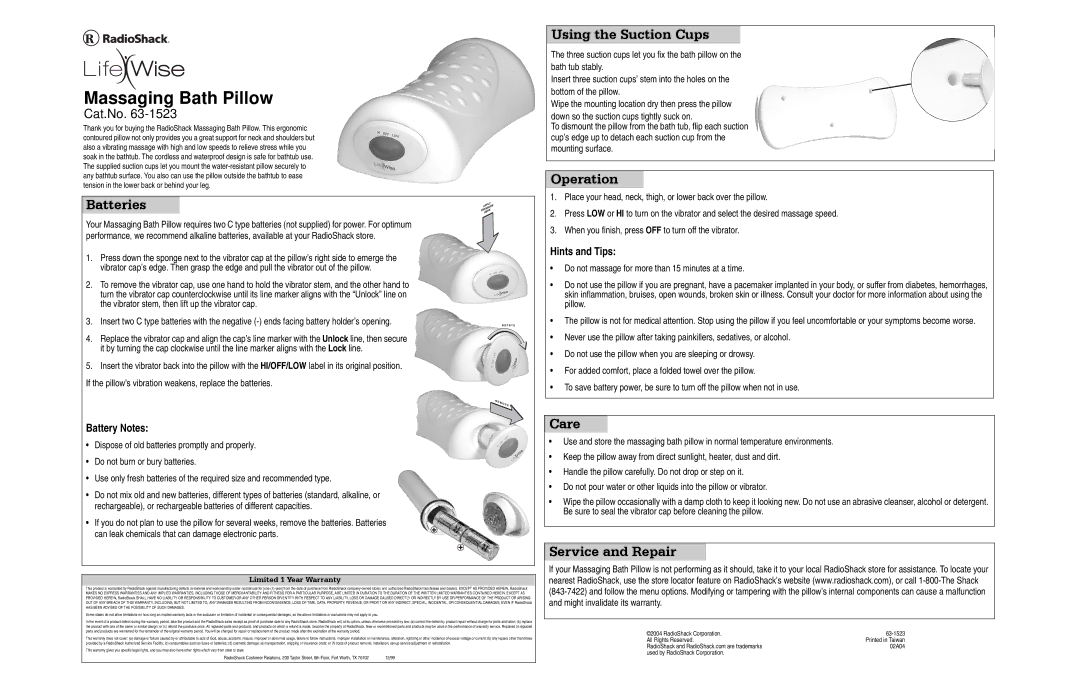 Radio Shack 63-1523 warranty Batteries, Using the Suction Cups, Operation, Care, Service and Repair 