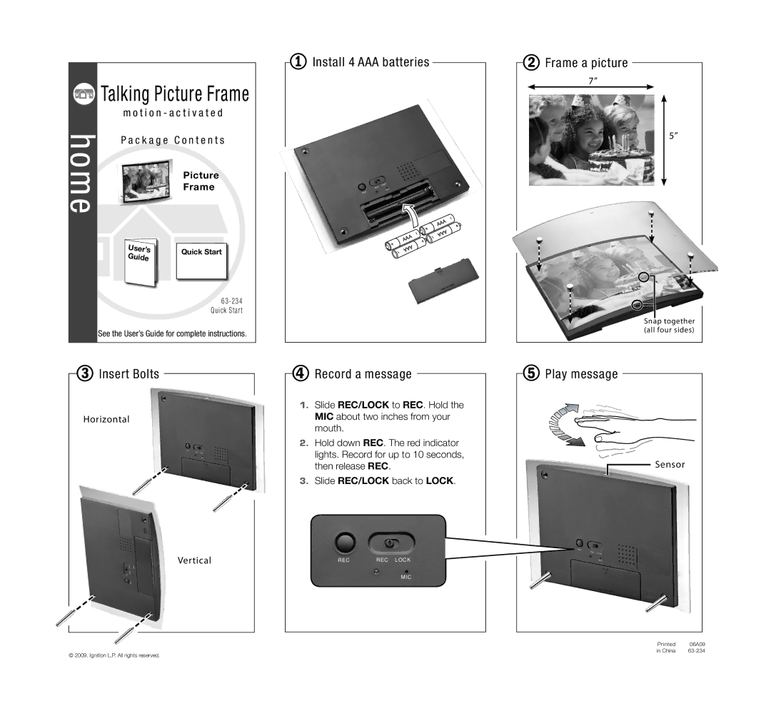 Radio Shack 63-234 quick start Talking Picture Frame, Insert Bolts, Install 4 AAA batteries Record a message 