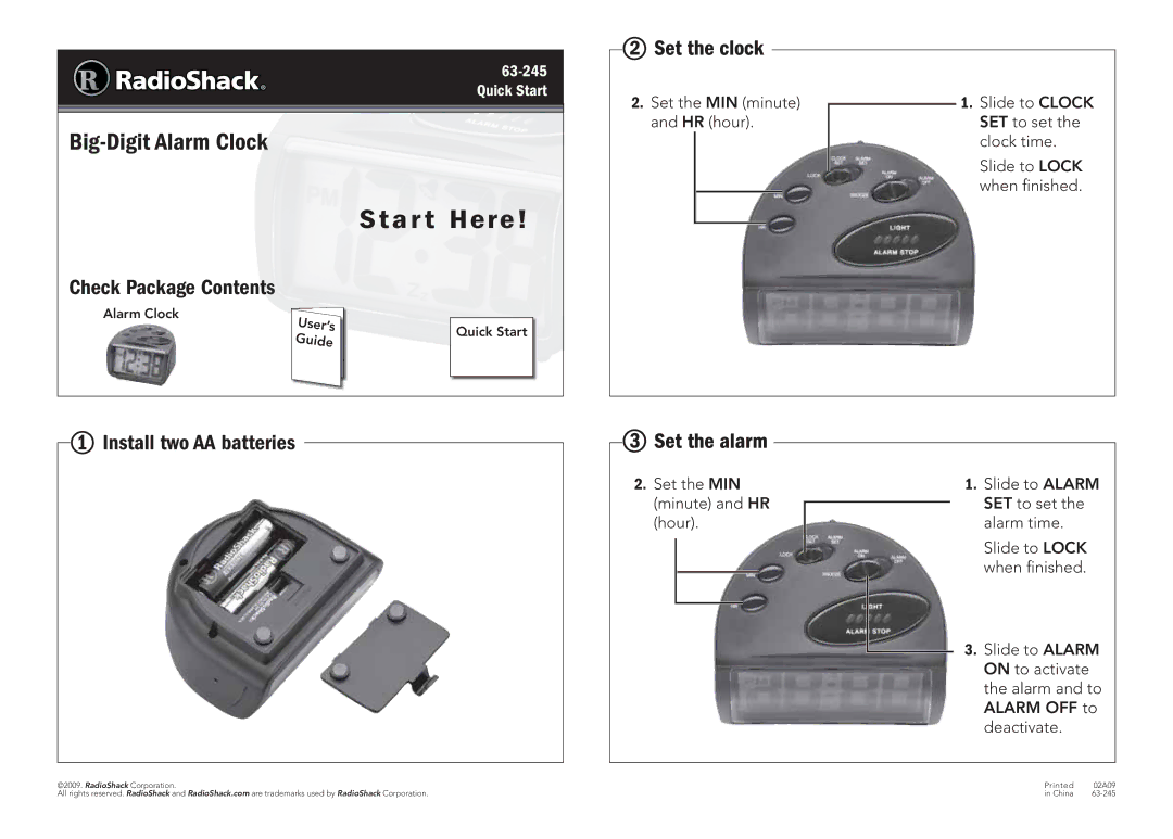 Radio Shack 63-245 quick start A r t Here,  Set the clock, Check Package Contents 