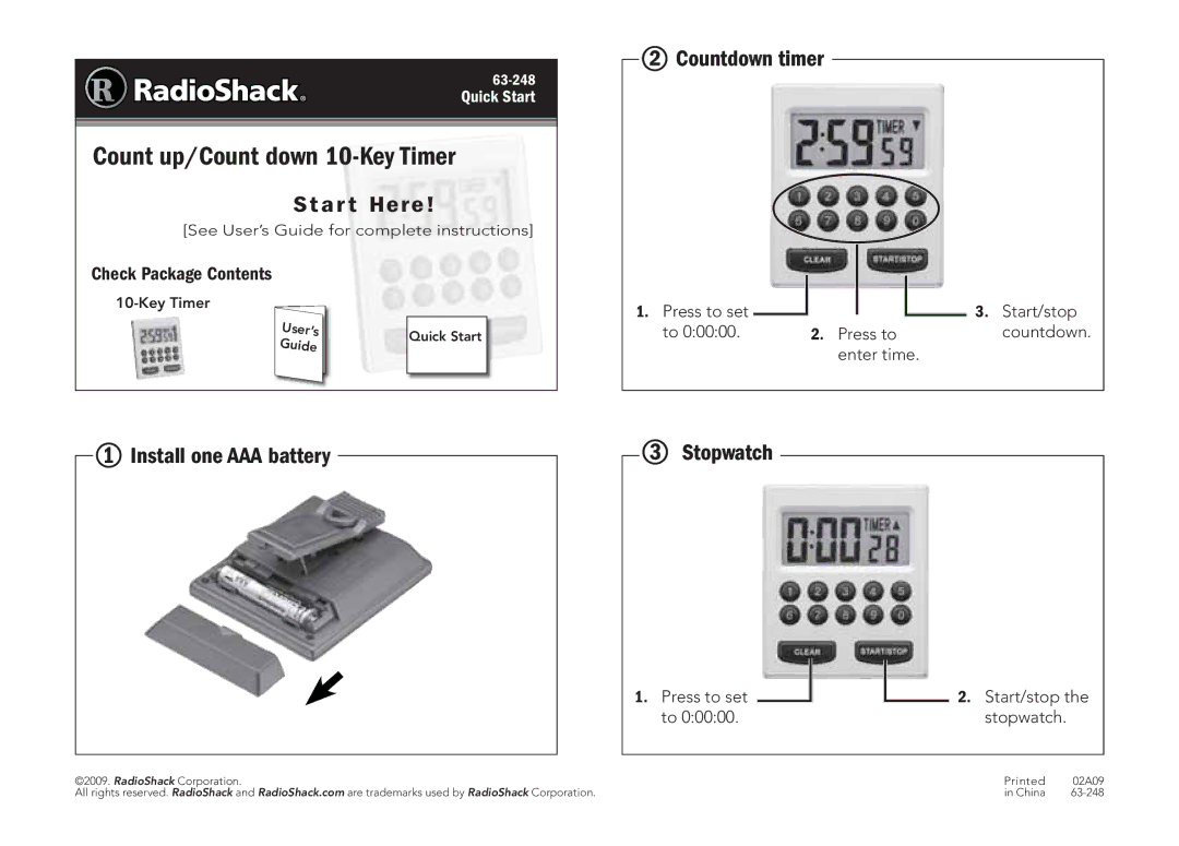 Radio Shack 63-248 quick start Count up/Count down 10-Key Timer, A r t Here,  Install one AAA battery  Countdown timer 