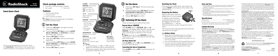 Radio Shack 63-251 specifications Check package contents, Travel Alarm Clock Features, Set the Clock 