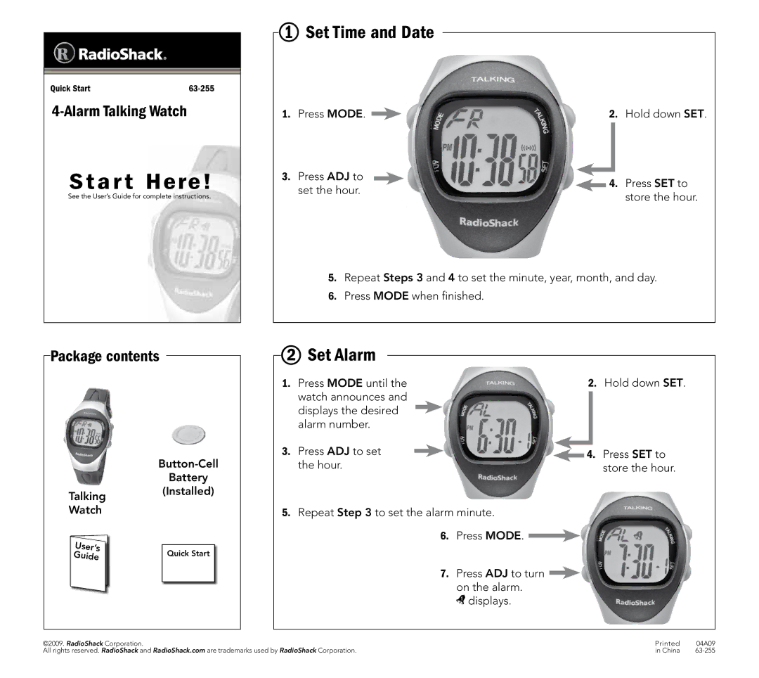 Radio Shack 63-255 quick start A r t Here,  Set Time and Date,  Set Alarm 