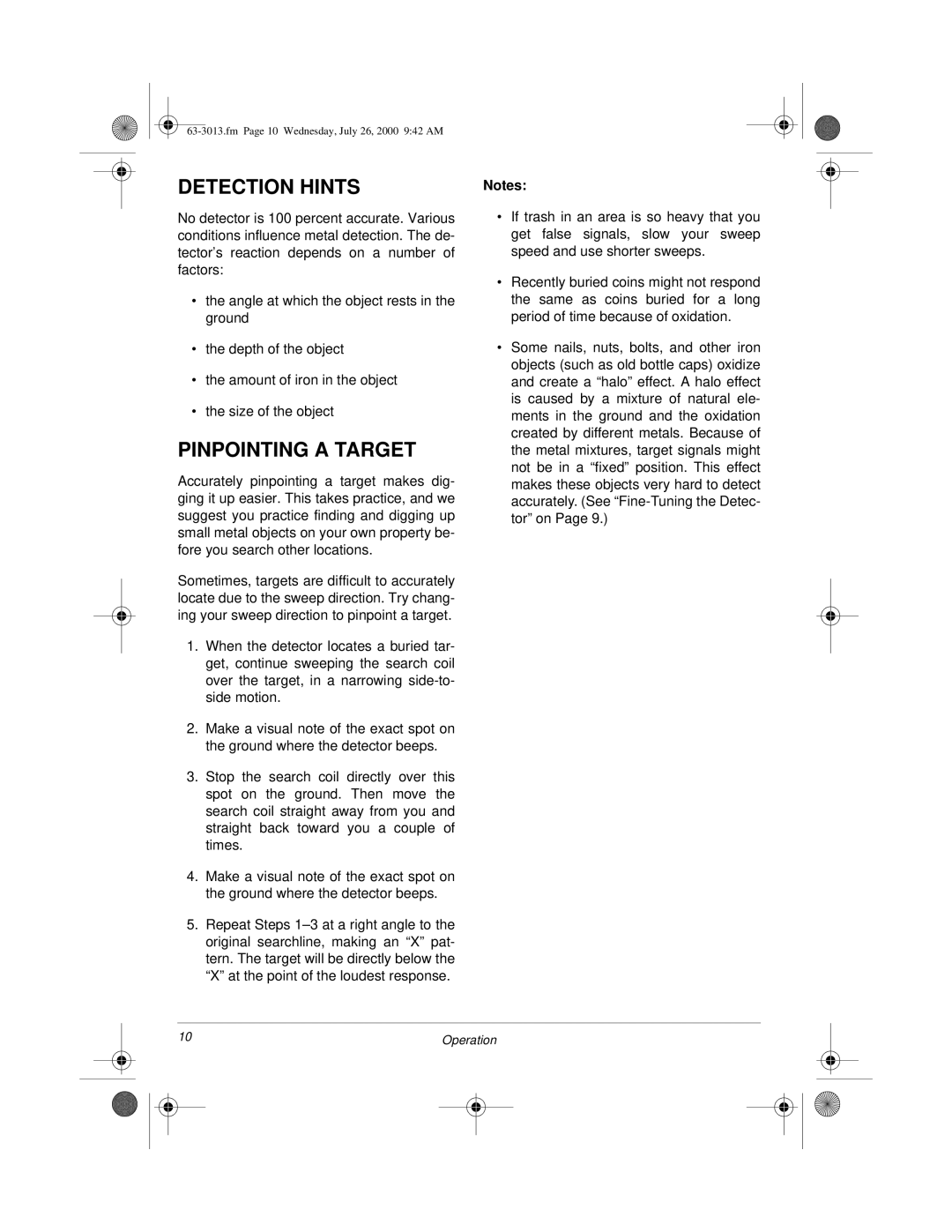 Radio Shack 63-3013 owner manual Detection Hints, Pinpointing a Target 