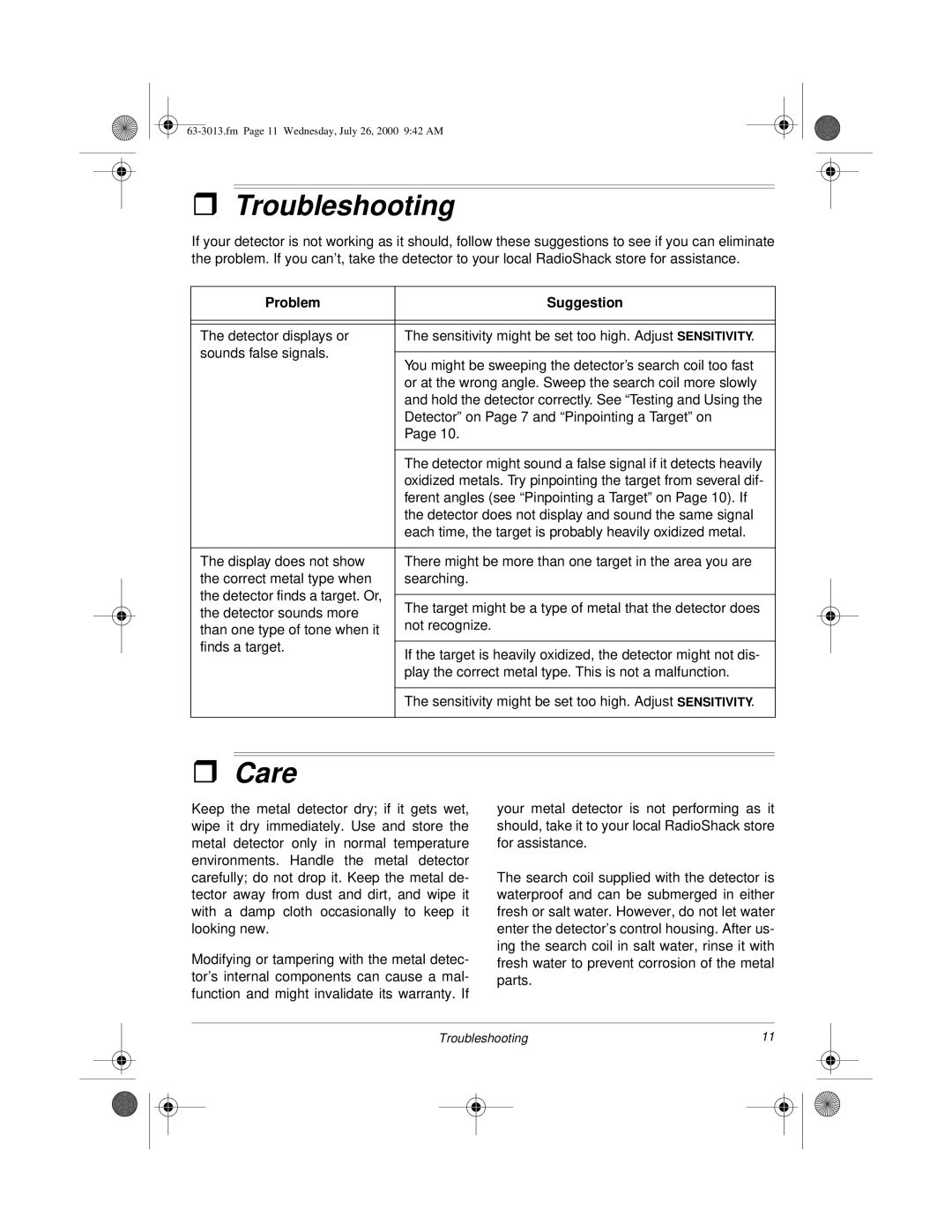 Radio Shack 63-3013 owner manual Troubleshooting, Care, Problem Suggestion 