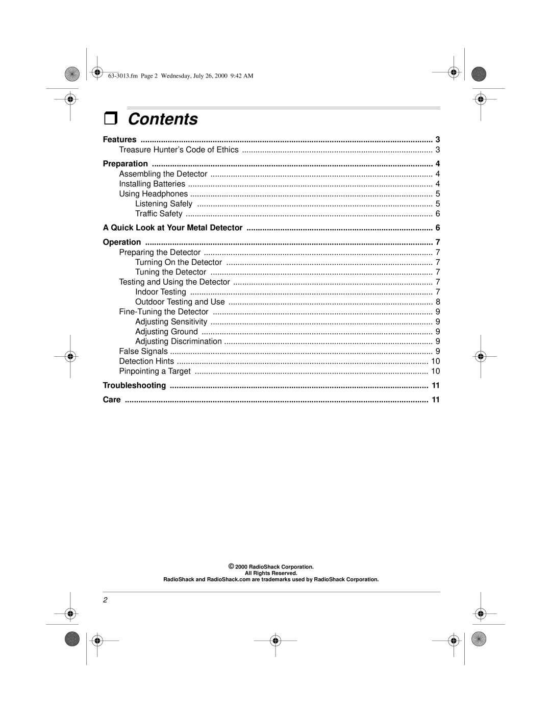 Radio Shack 63-3013 owner manual Contents 