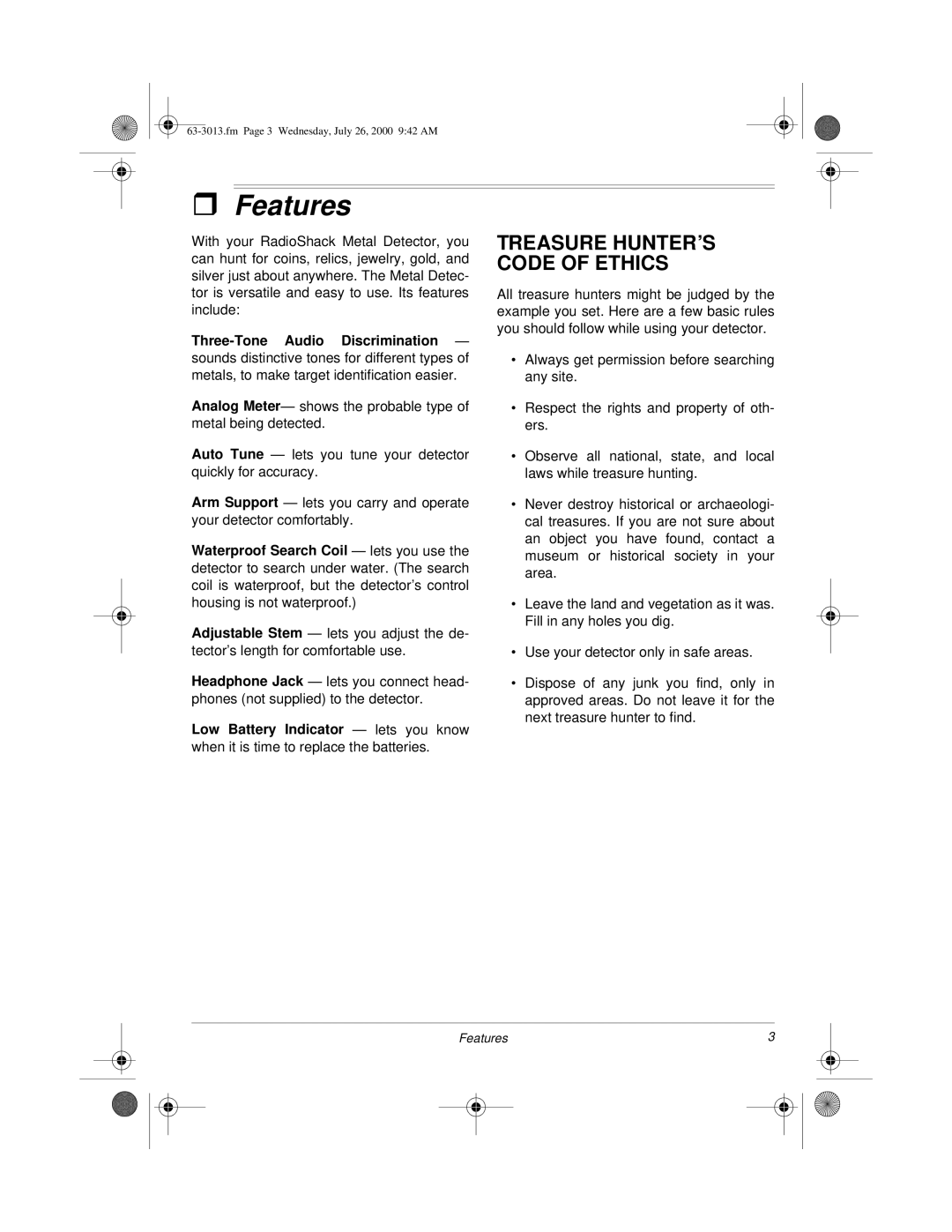 Radio Shack 63-3013 owner manual Features, Treasure HUNTER’S Code of Ethics 