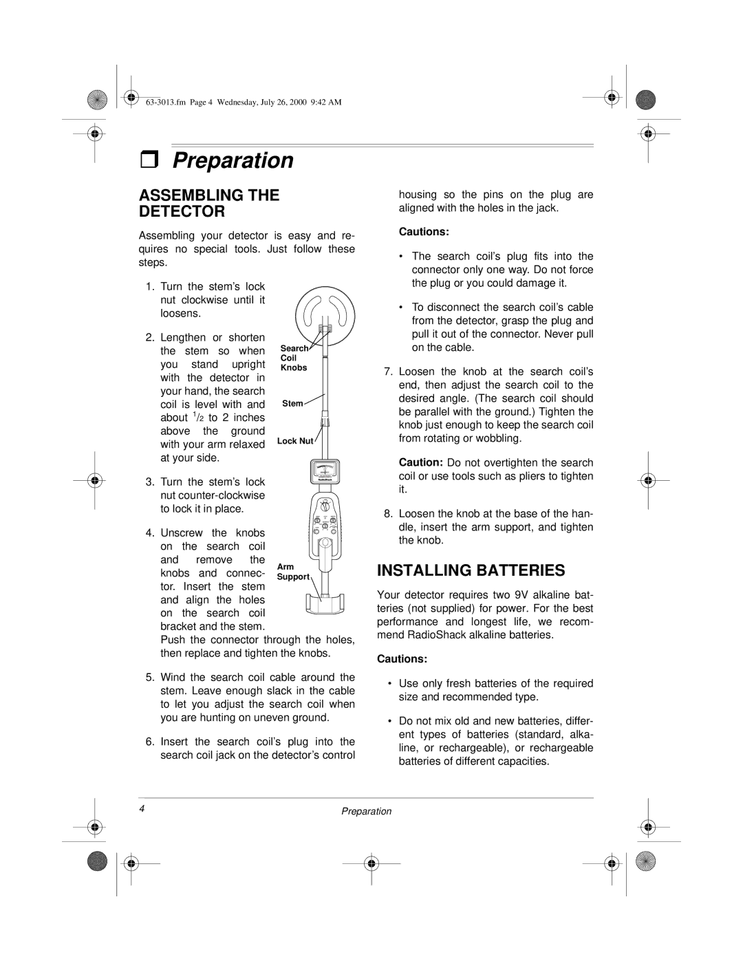 Radio Shack 63-3013 owner manual Preparation, Assembling Detector, Installing Batteries 