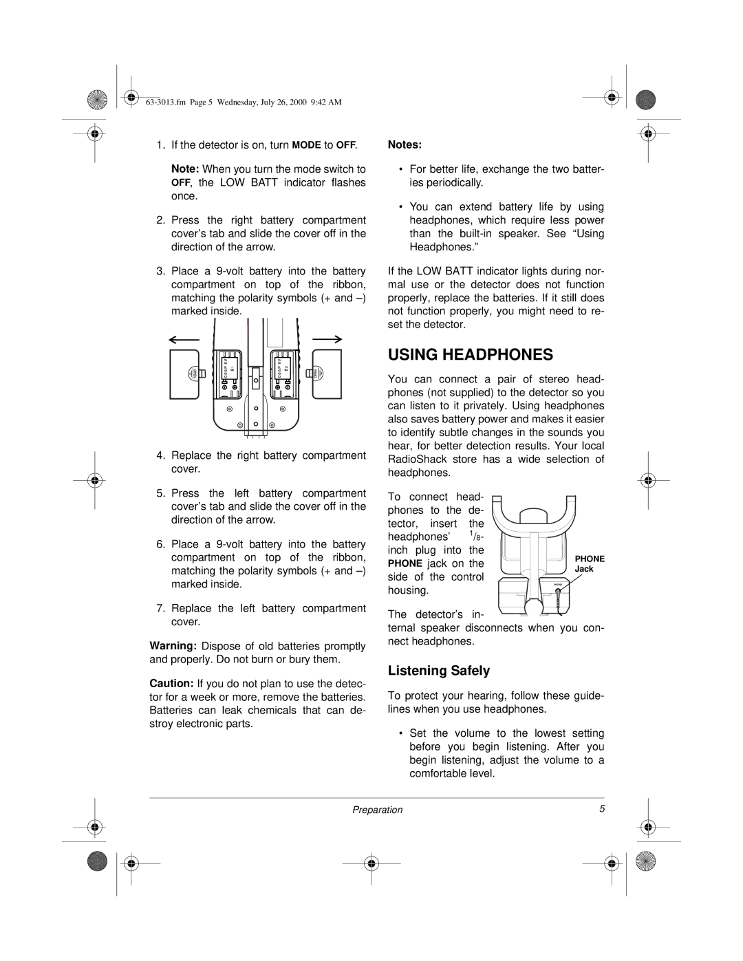 Radio Shack 63-3013 owner manual Using Headphones, Listening Safely 