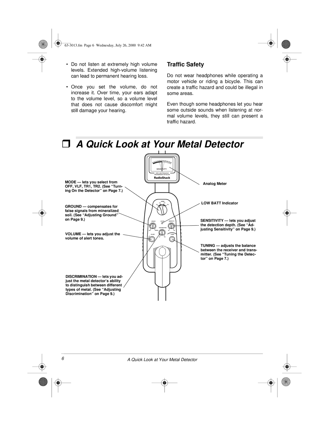 Radio Shack 63-3013 owner manual Quick Look at Your Metal Detector, Traffic Safety 