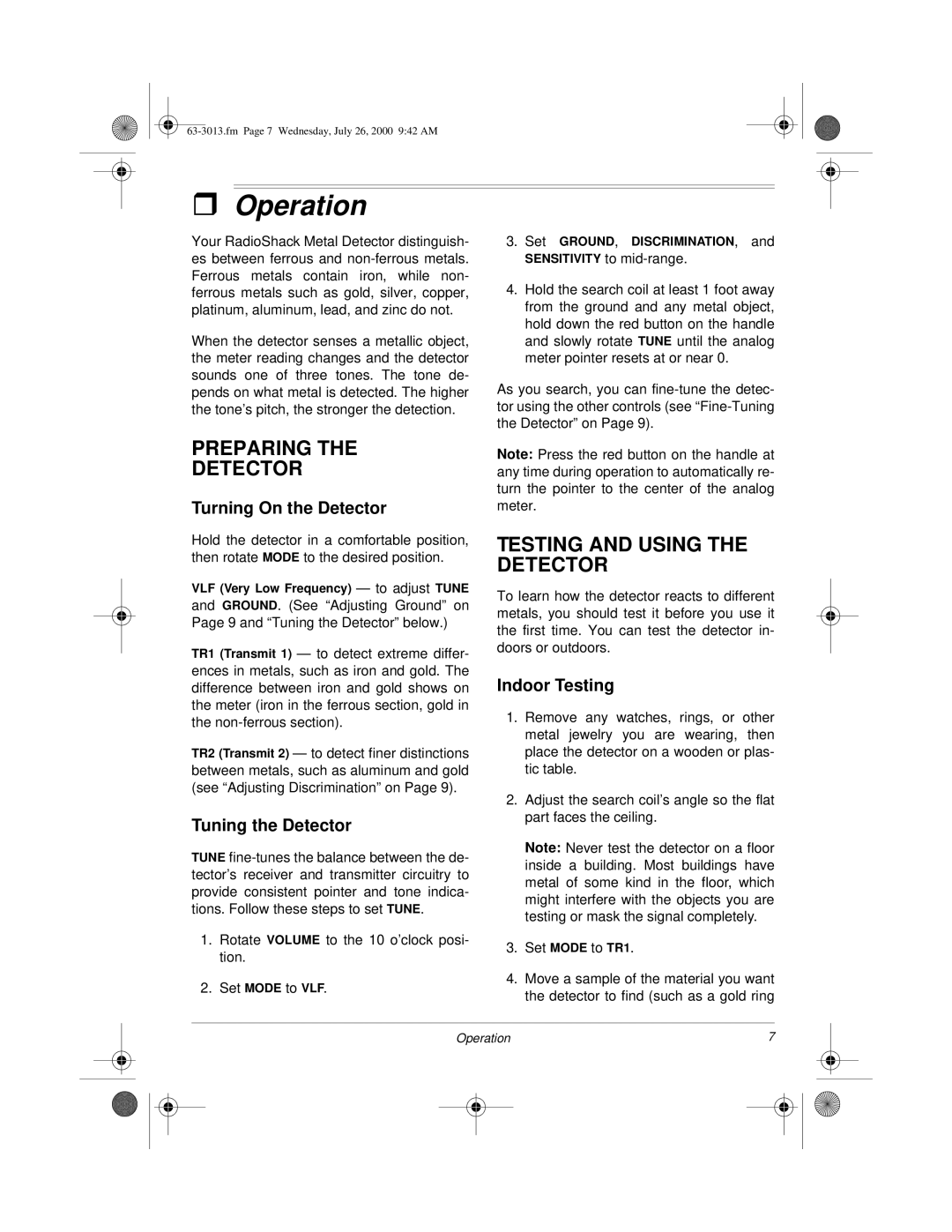 Radio Shack 63-3013 owner manual Operation, Preparing Detector, Testing and Using the Detector 