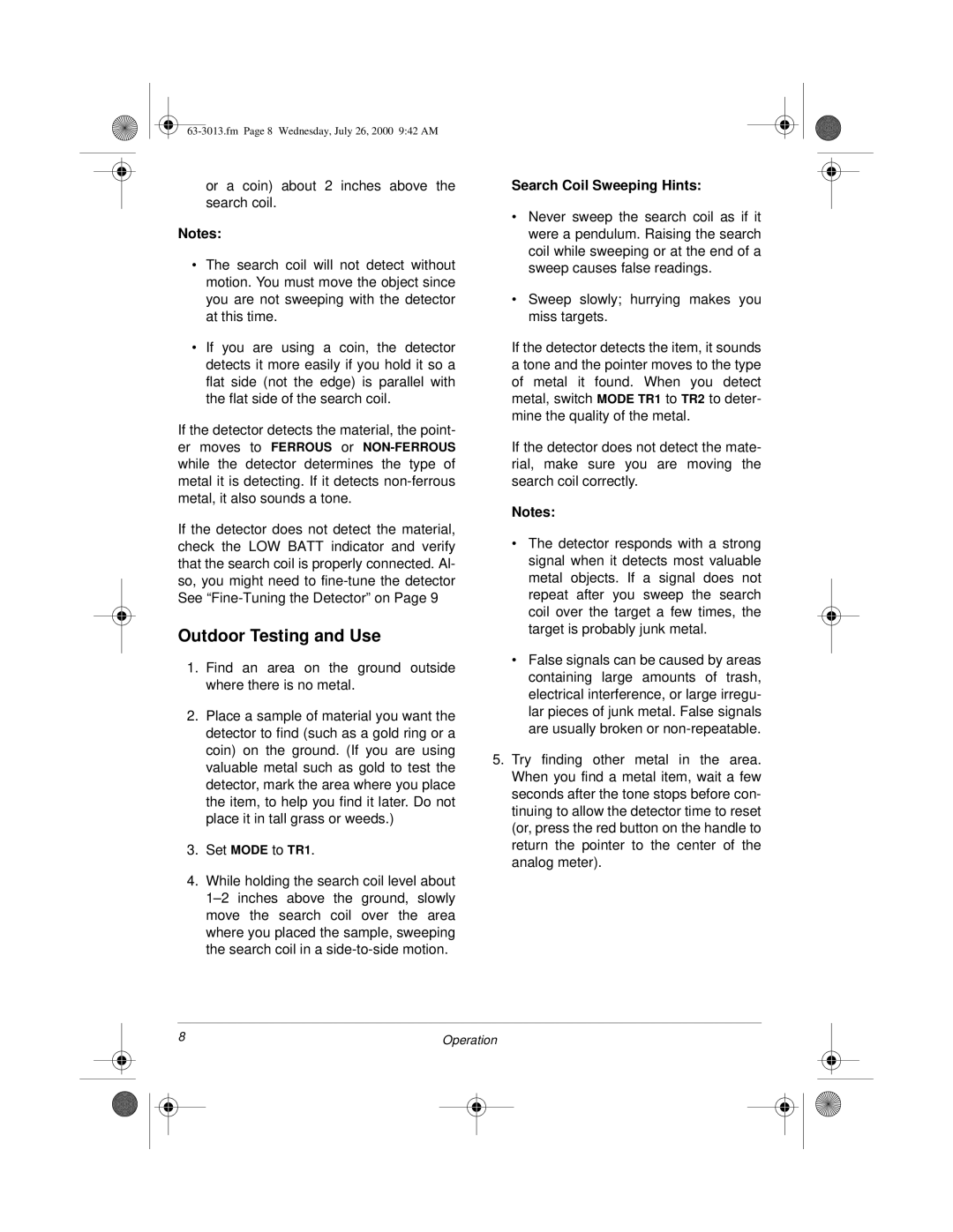 Radio Shack 63-3013 owner manual Outdoor Testing and Use, Search Coil Sweeping Hints 