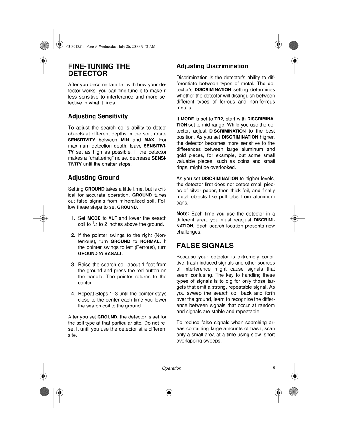 Radio Shack 63-3013 FINE-TUNING Detector, False Signals, Adjusting Sensitivity, Adjusting Ground, Adjusting Discrimination 