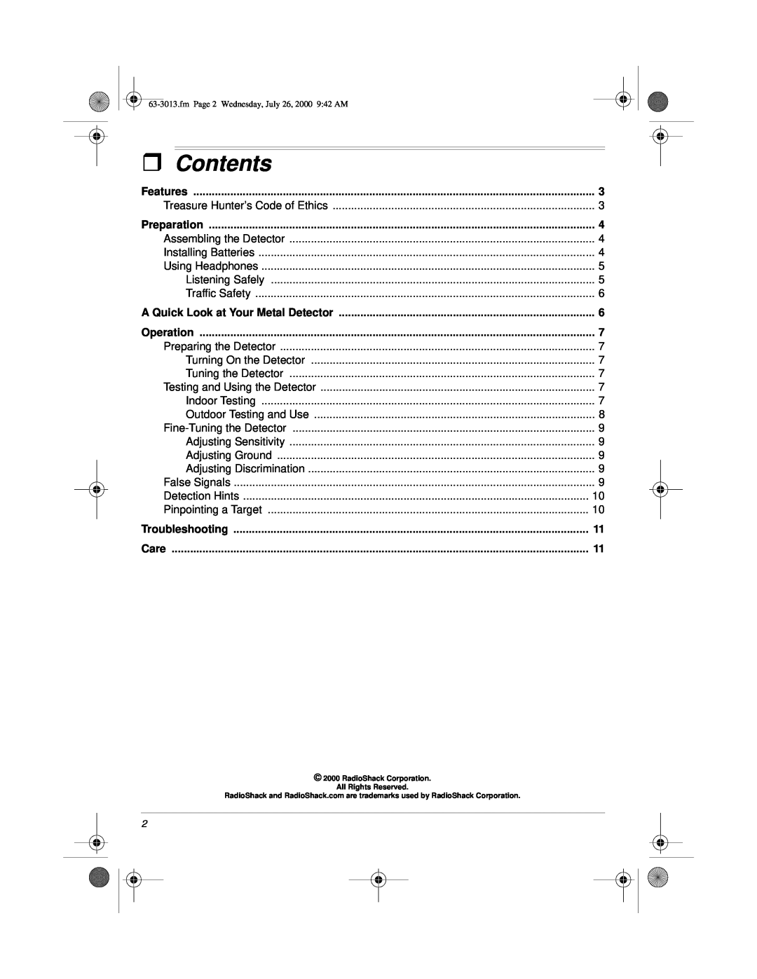 Radio Shack 63-3013 owner manual ˆ Contents 