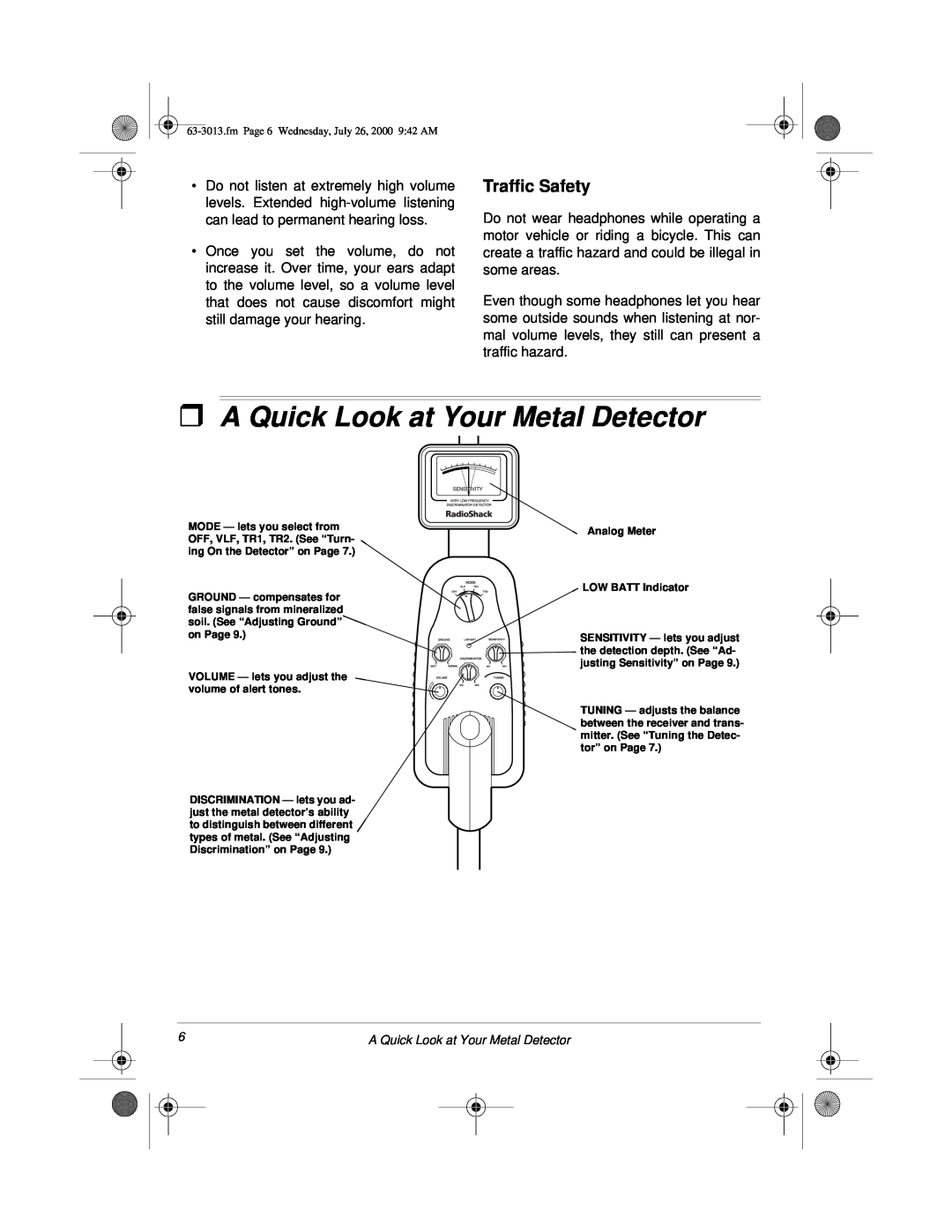 Radio Shack 63-3013 owner manual ˆA Quick Look at Your Metal Detector, Traffic Safety 