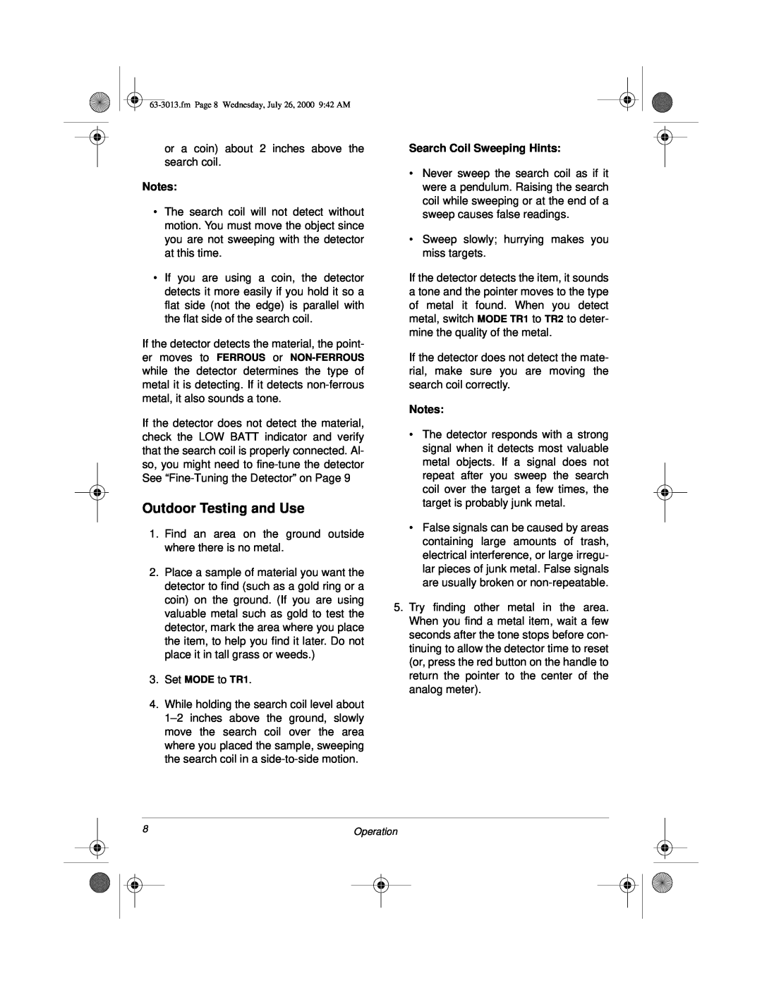 Radio Shack 63-3013 owner manual Outdoor Testing and Use, Search Coil Sweeping Hints, Notes 