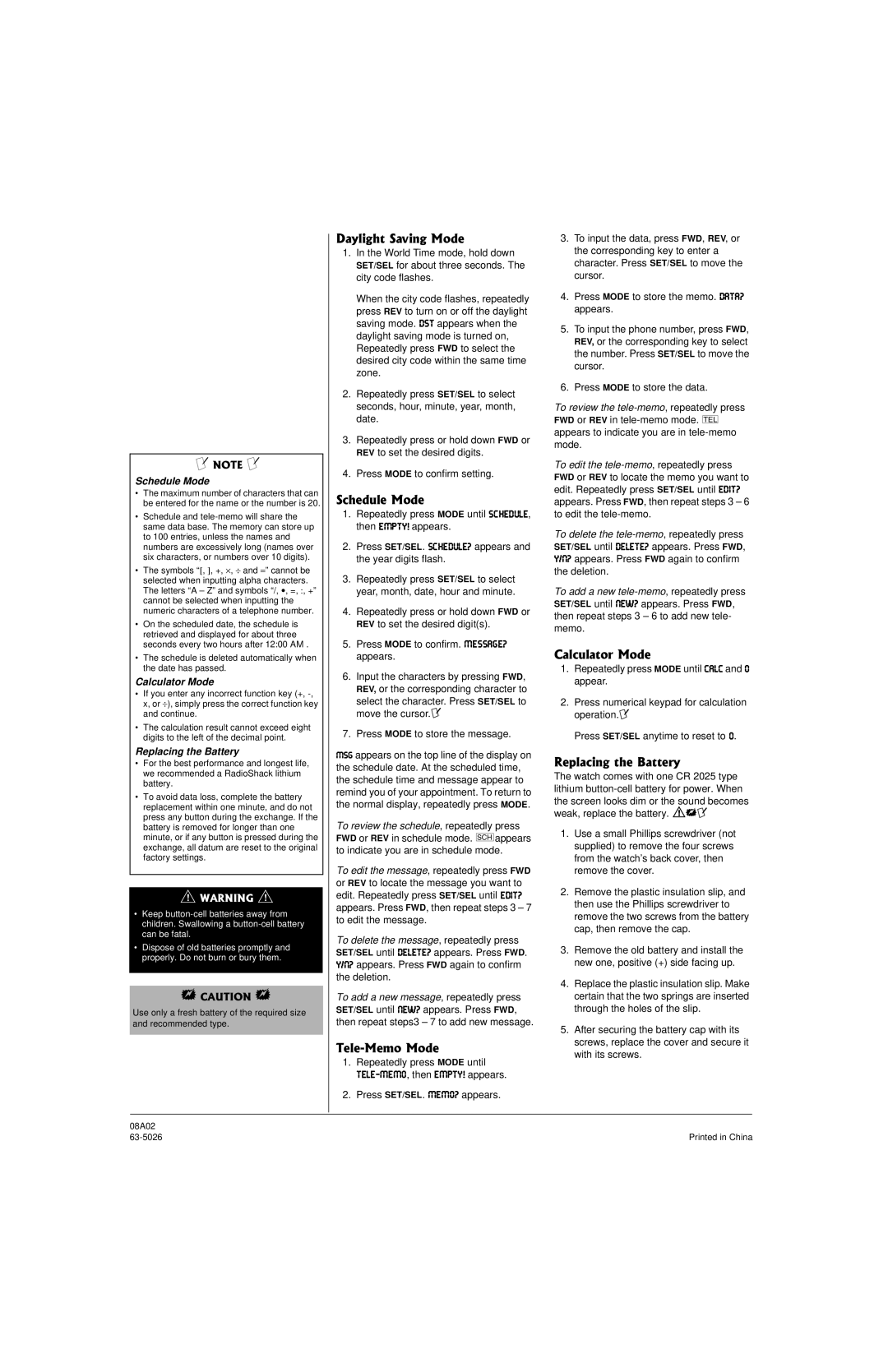 Radio Shack 63-5026 owner manual CNKIJV5CXKPI/QFG, 5EJGFWNG/QFG, 6GNG//GOQ/QFG, Cnewncvqt/Qfg, 4GRNCEKPIVJG$CVVGT 