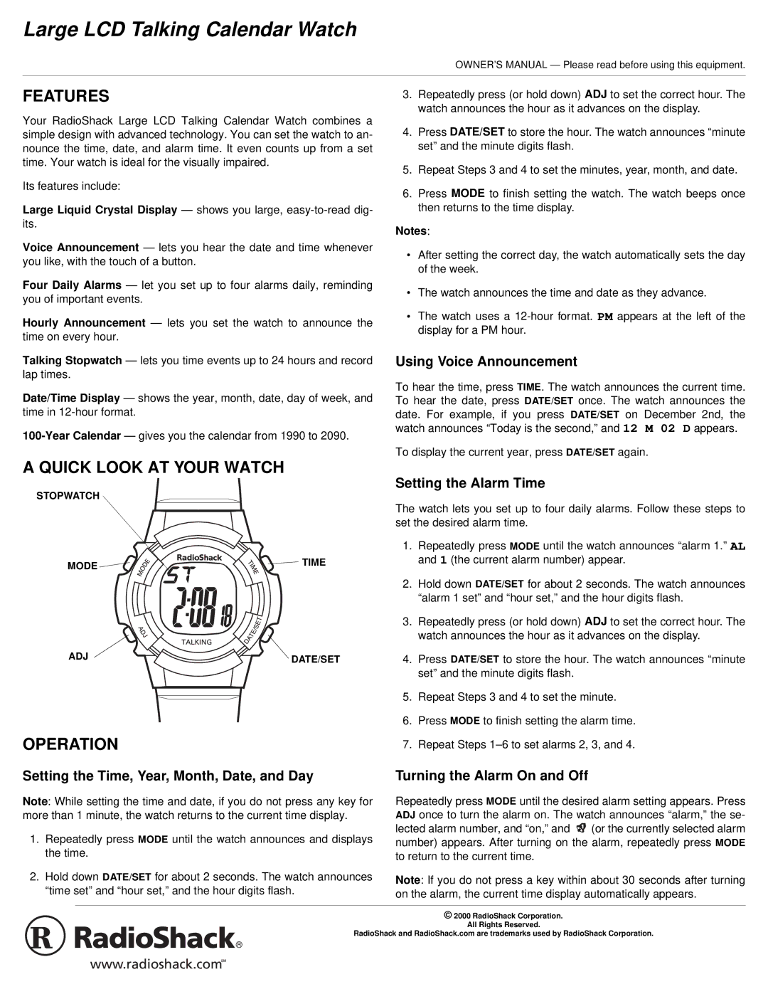 Radio Shack 63-5103 owner manual Features, Quick Look AT Your Watch, Operation 