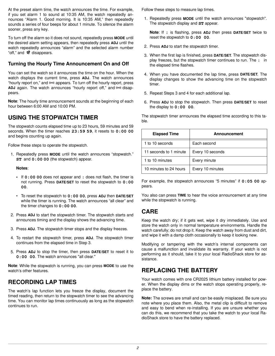 Radio Shack 63-5103 owner manual Using the Stopwatch Timer, Recording LAP Times, Care, Replacing the Battery 