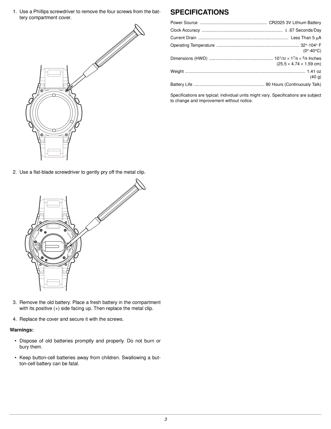 Radio Shack 63-5103 owner manual Specifications, Tery compartment cover 