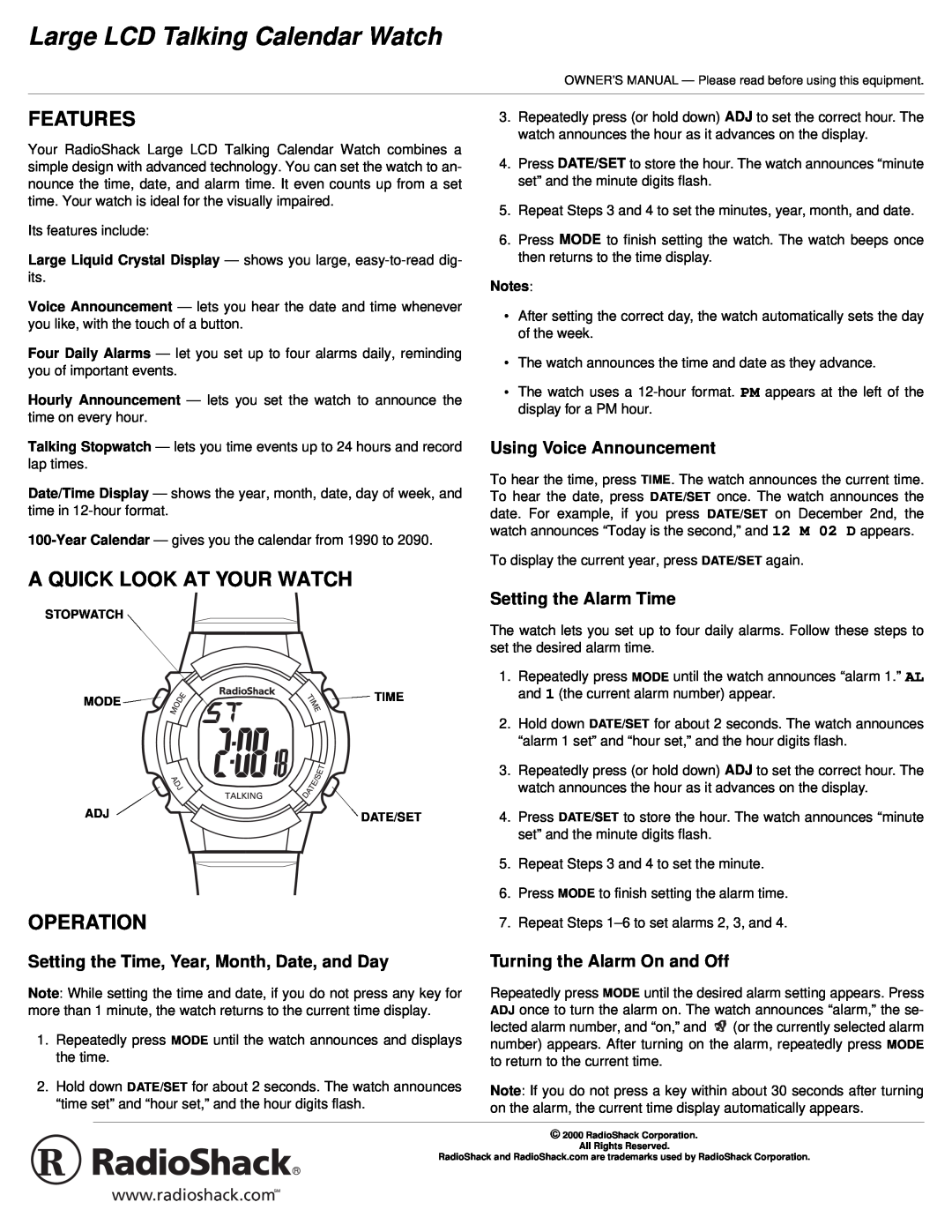 Radio Shack 63-5103 owner manual Features, A Quick Look At Your Watch, Operation, Using Voice Announcement 