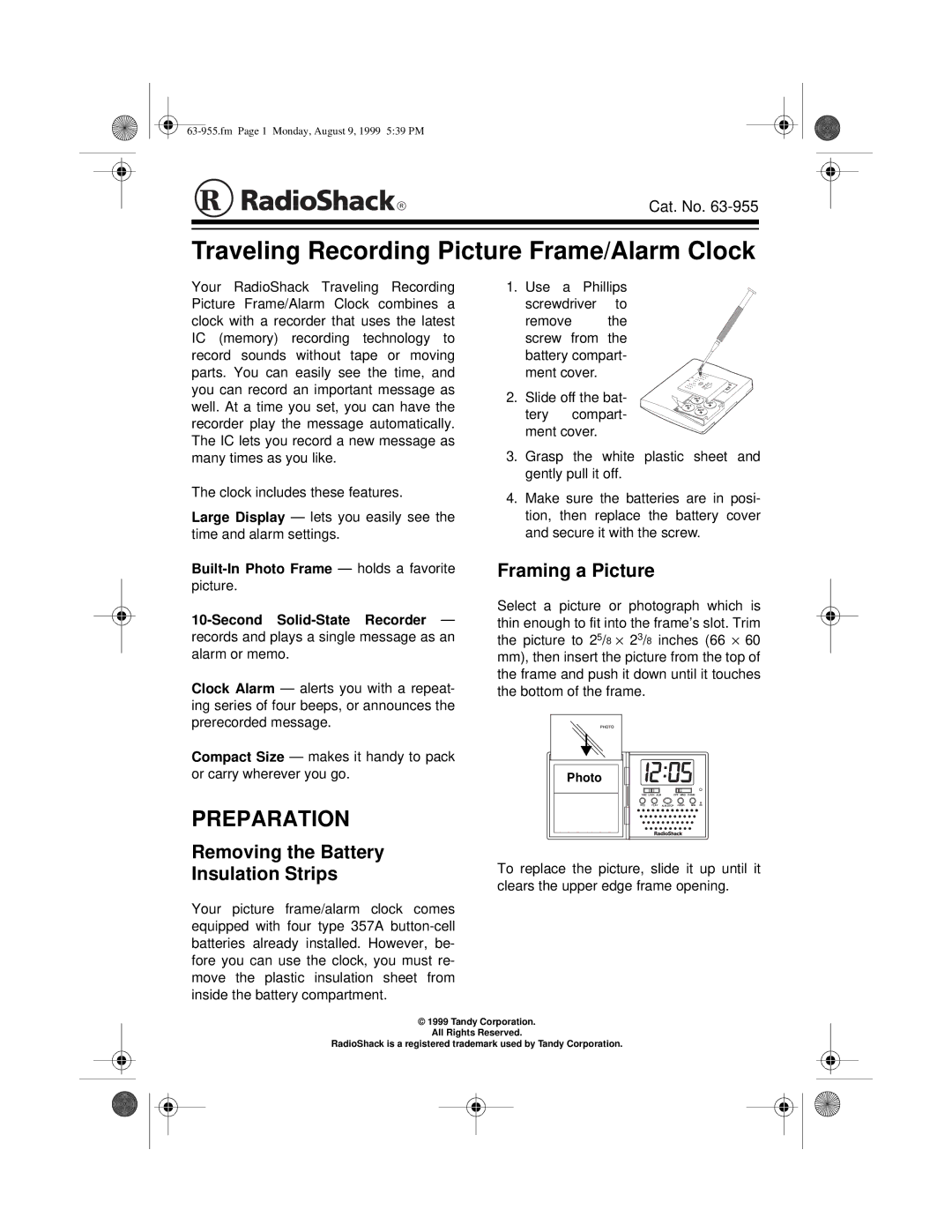 Radio Shack 63-955 manual Preparation, Framing a Picture, Removing the Battery Insulation Strips 