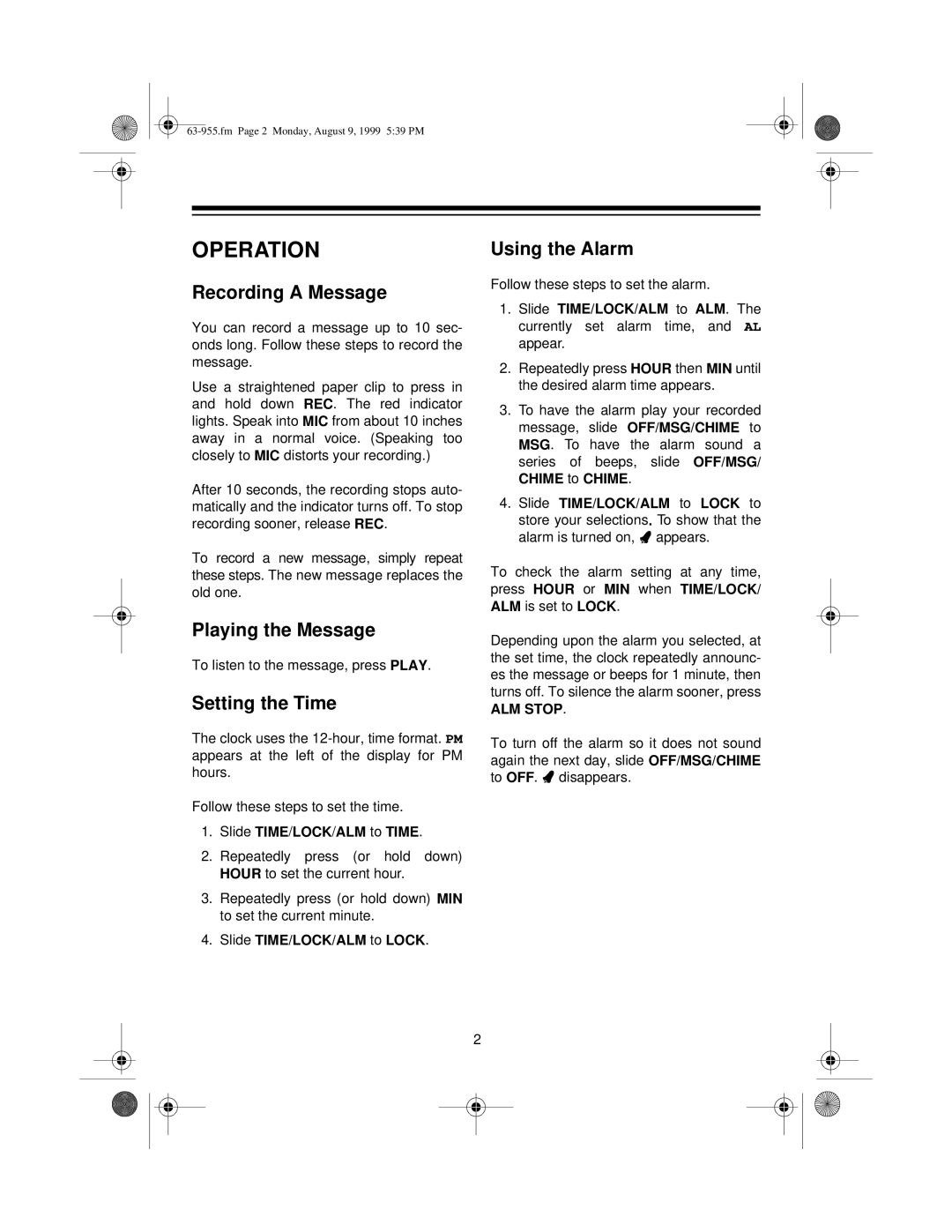 Radio Shack 63-955 manual Operation, Recording a Message, Playing the Message, Setting the Time, Using the Alarm 