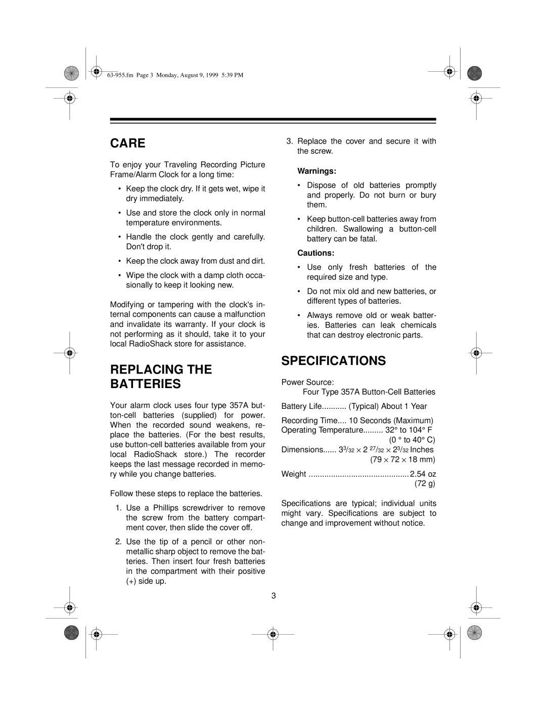 Radio Shack 63-955 manual Care, Replacing Batteries, Specifications 