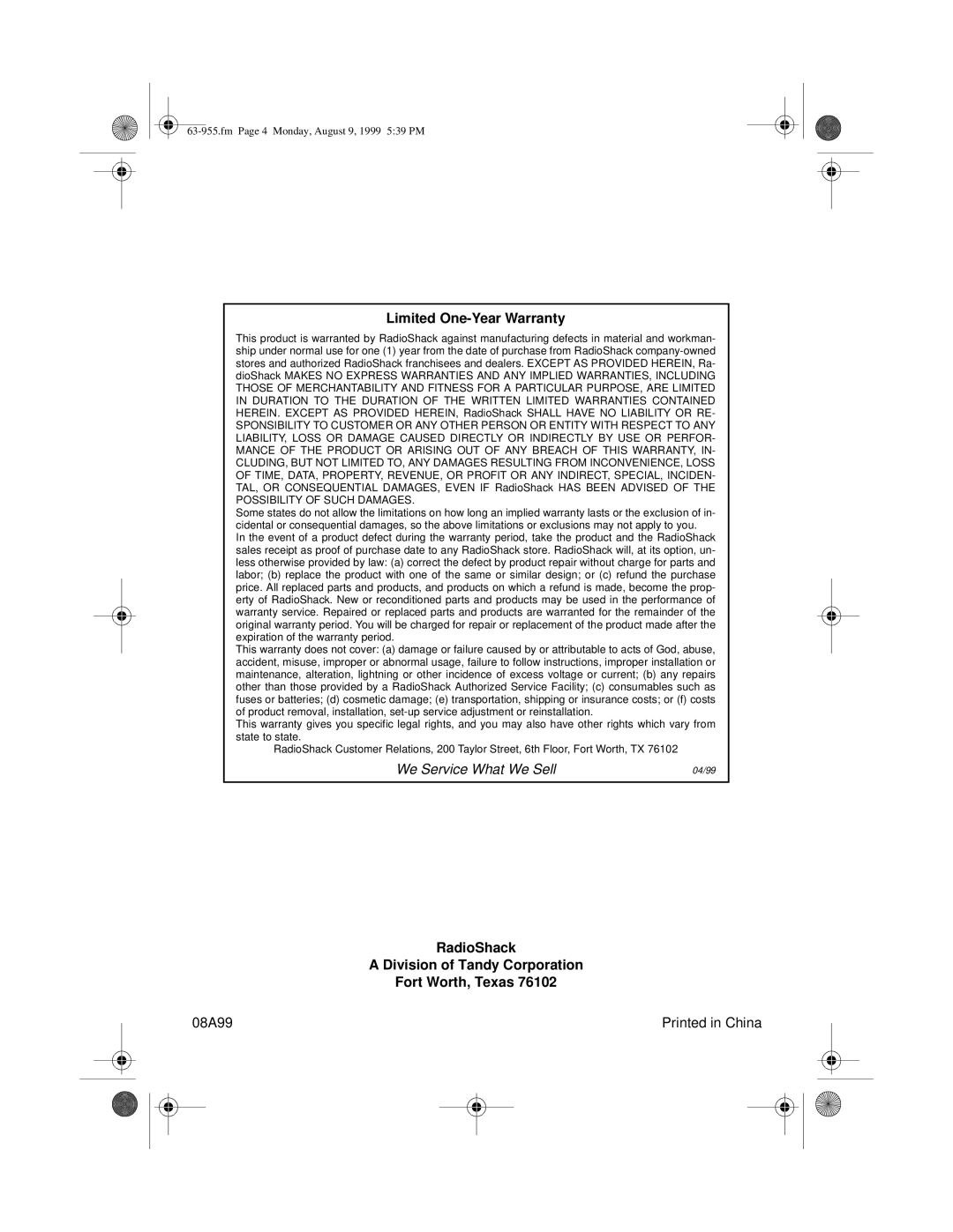 Radio Shack 63-955 manual Limited One-Year Warranty, RadioShack Division of Tandy Corporation Fort Worth, Texas 