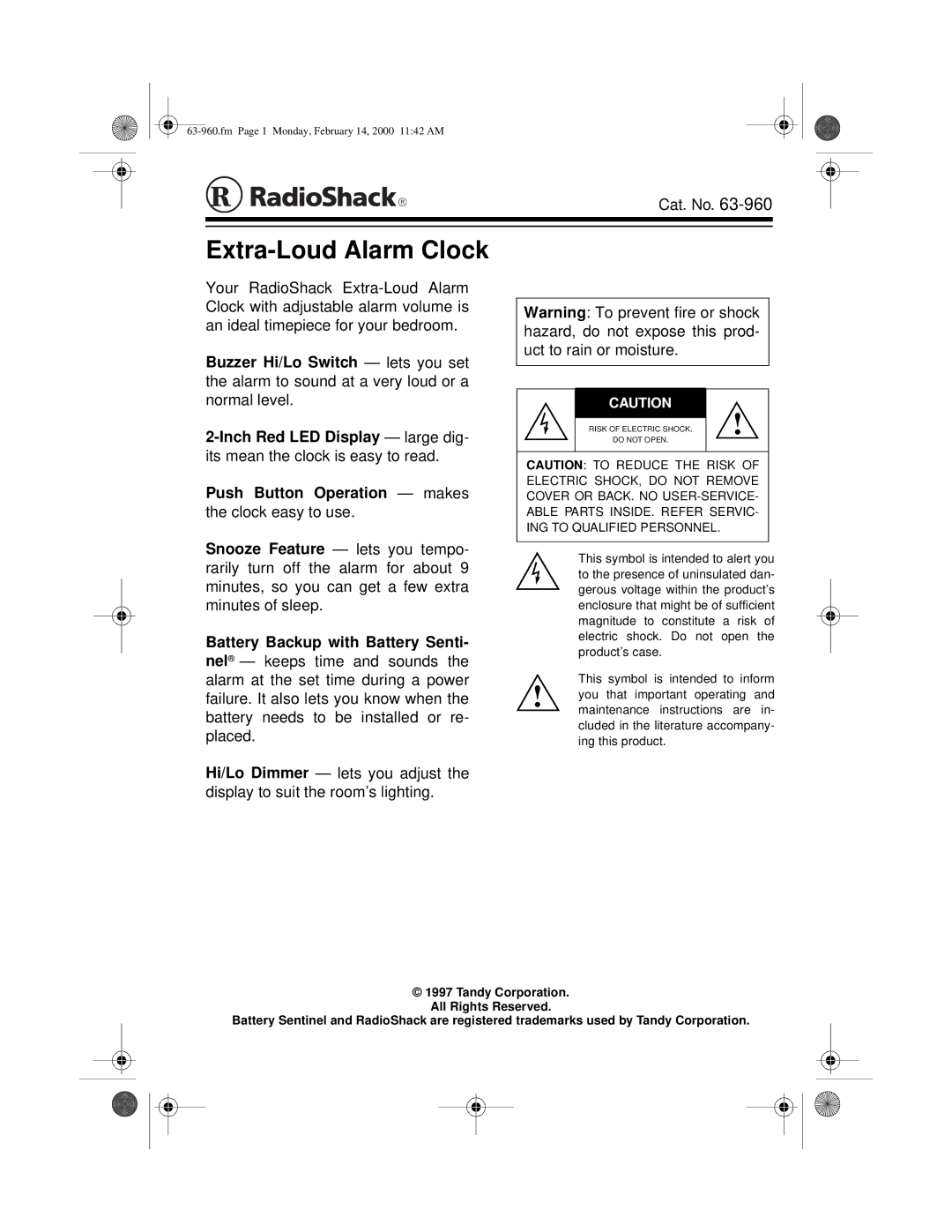 Radio Shack 63-960 user service Extra-Loud Alarm Clock 